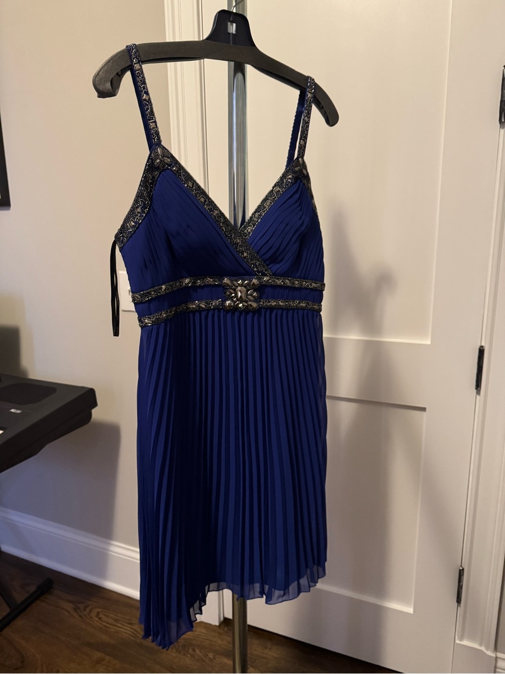 Sue Wong Royal Blue Beaded Pleated Mini Dress